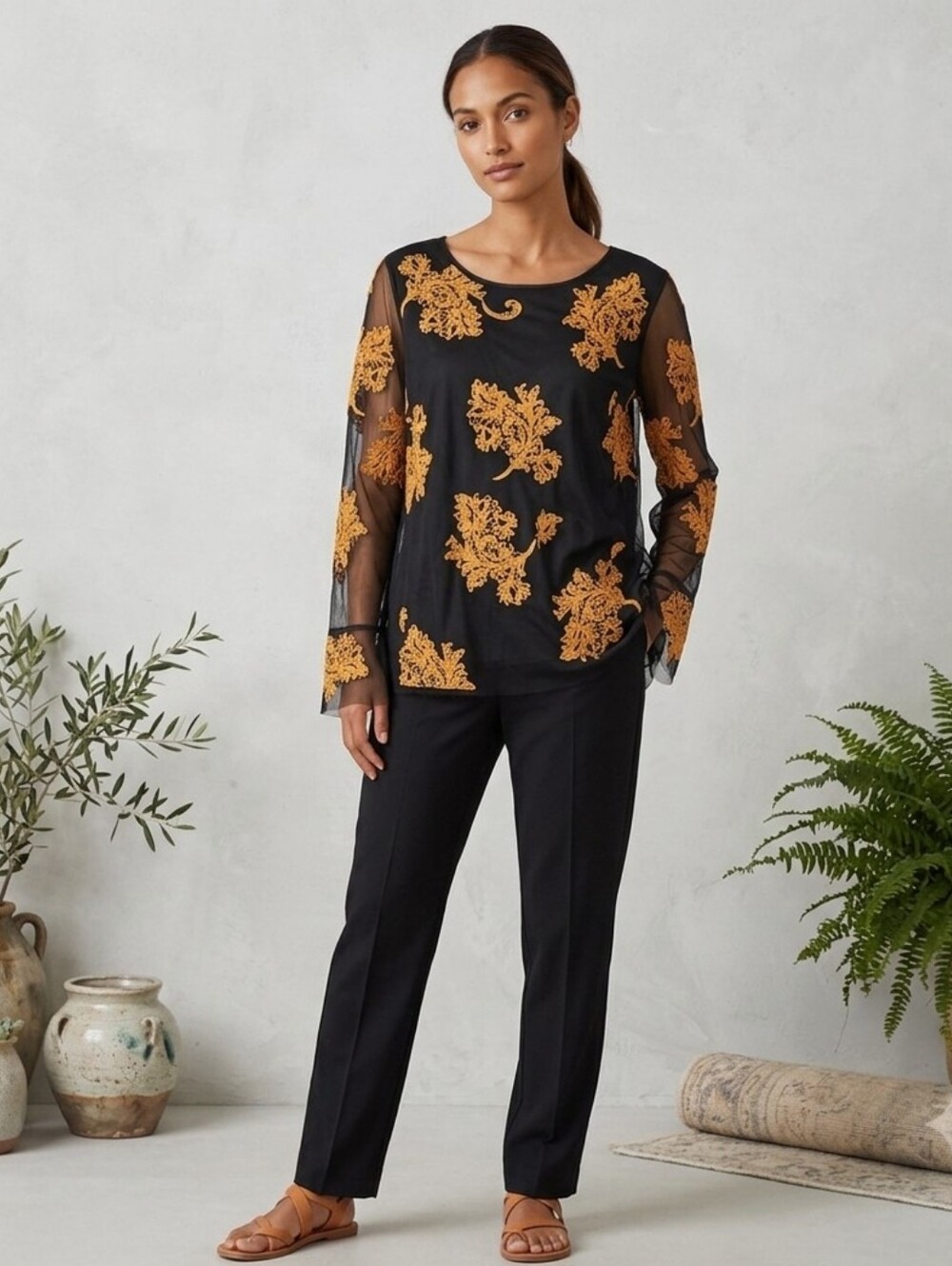 Sundance Black Sheer Mesh Blouse Gold Embroidered Lace Leaves Boho Romantic S